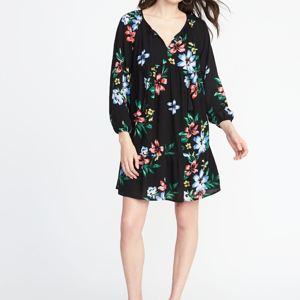 Old Navy Black Floral Boho Tassel-Tie Swing Dress in Size XL